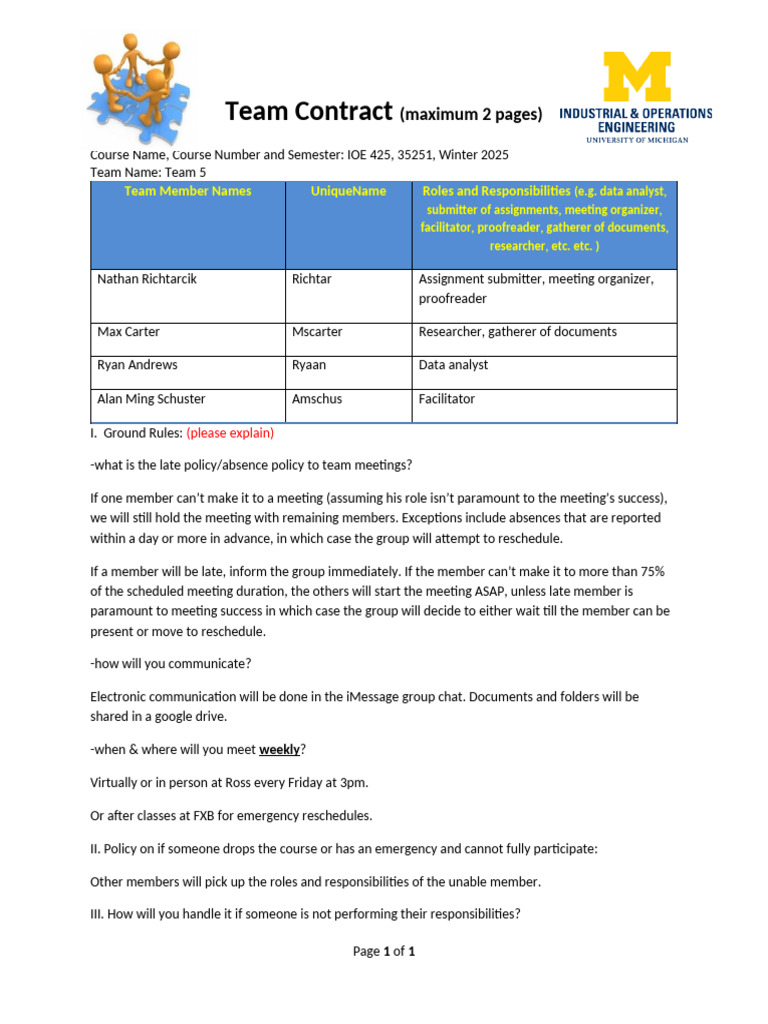 Team 5 Contract for IOE 425 | PDF