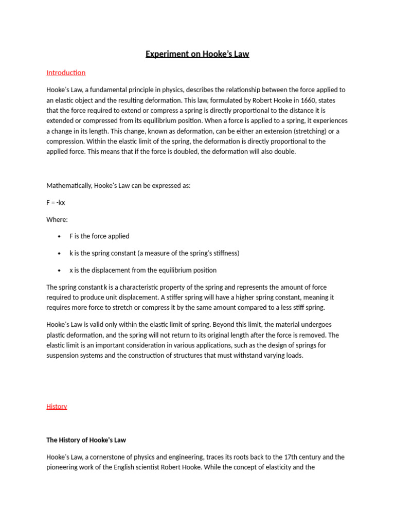 Hooke's Law Experiment Overview | PDF | Elasticity (Physics) | Force
