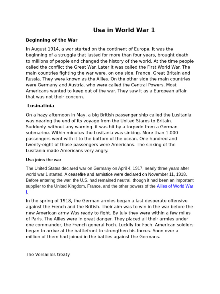 Usa in World War 1 word | PDF | Treaty Of Versailles | World War I