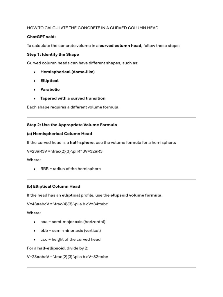 Calculating Concrete Volume in Curved Columns | PDF | Volume | Area