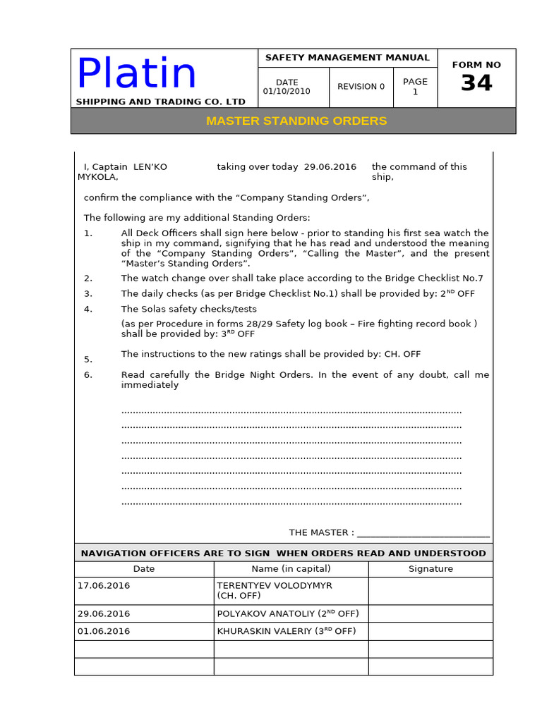 Master Standing Orders for Ship Safety | PDF | Shipping