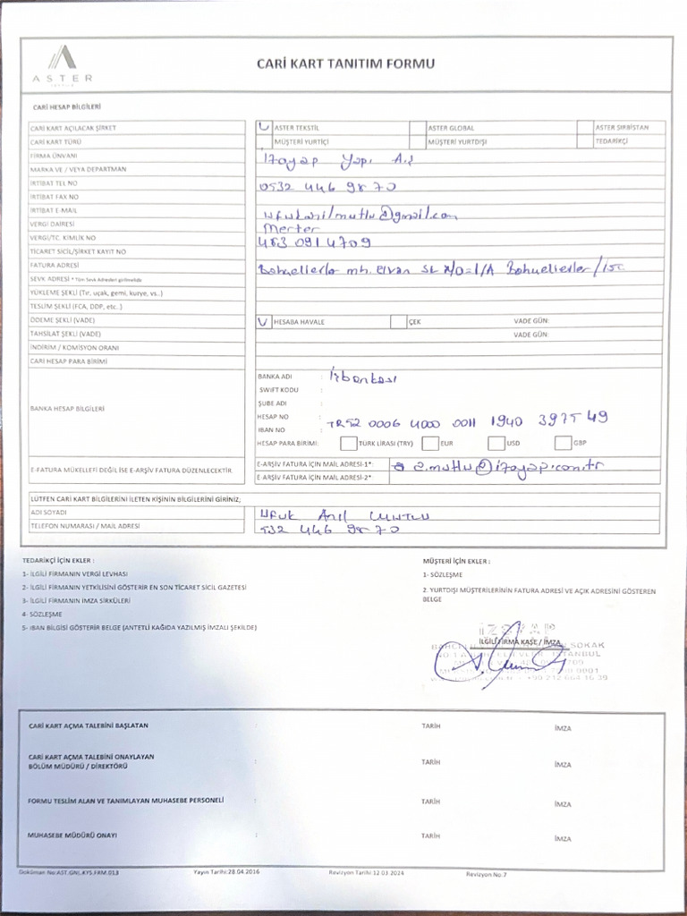 Cari Kart Tanitim Formu | PDF