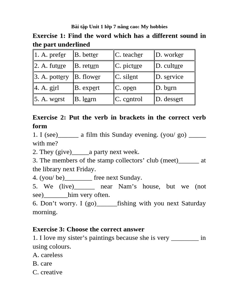 Unit 1 Grade 7 Exercises: My Hobbies | PDF | Swimming | Pet