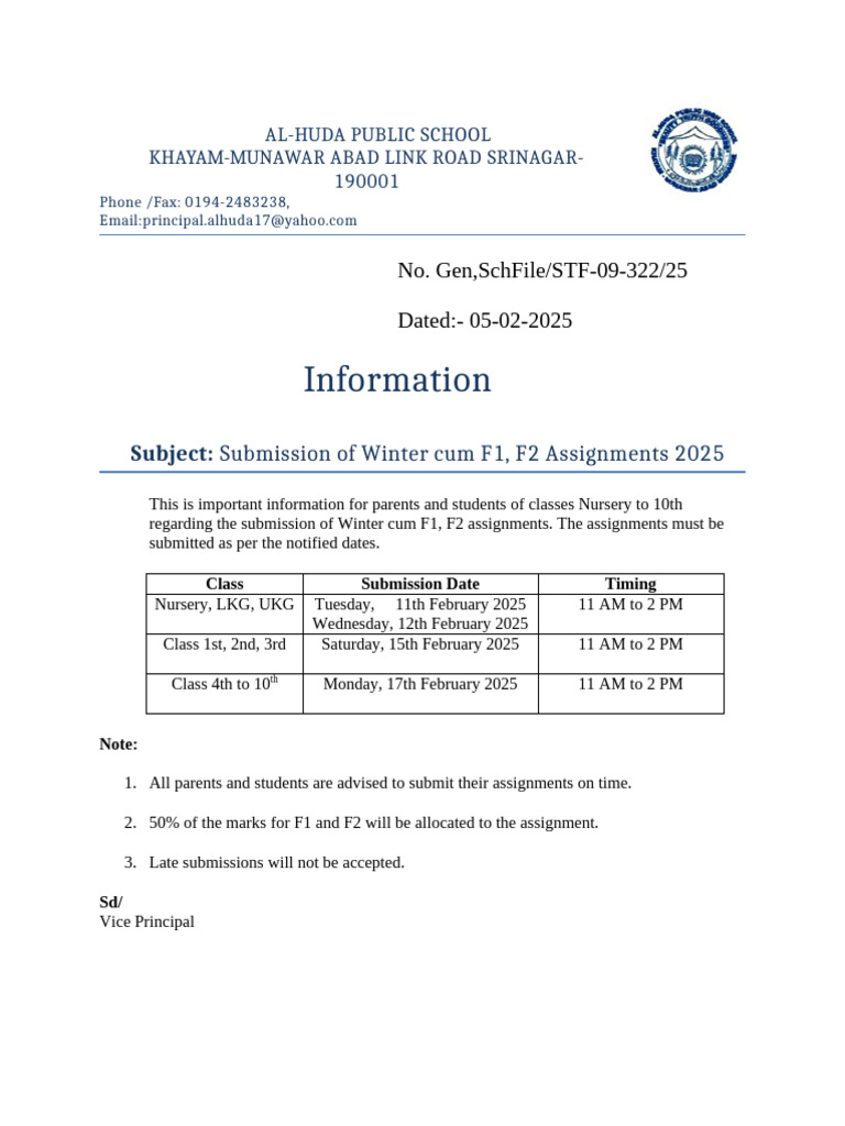 Winter Assignment Submission Dates 2025 | PDF
