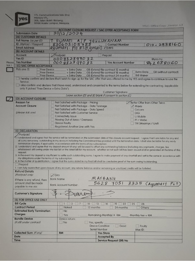 Yes Account Closure Request Form | PDF