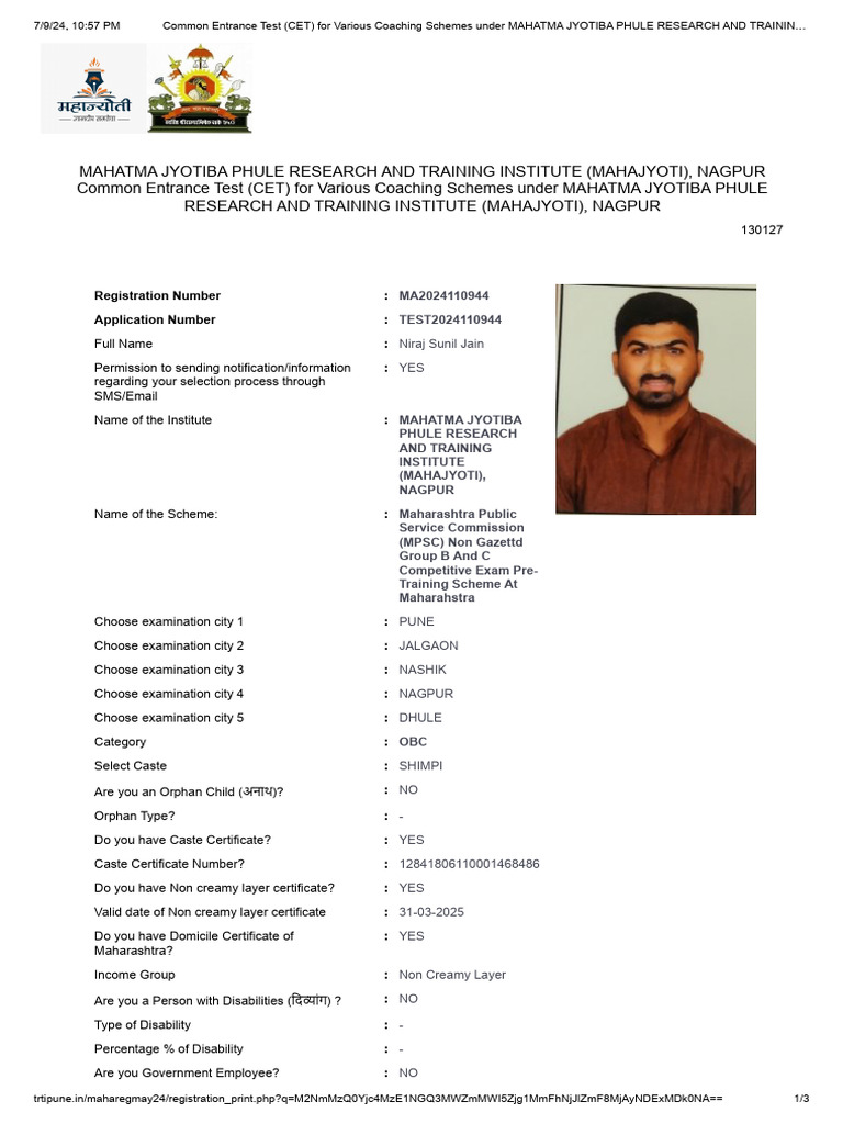 Common Entrance Test (CET) For Various Coaching Schemes Under MAHATMA ...