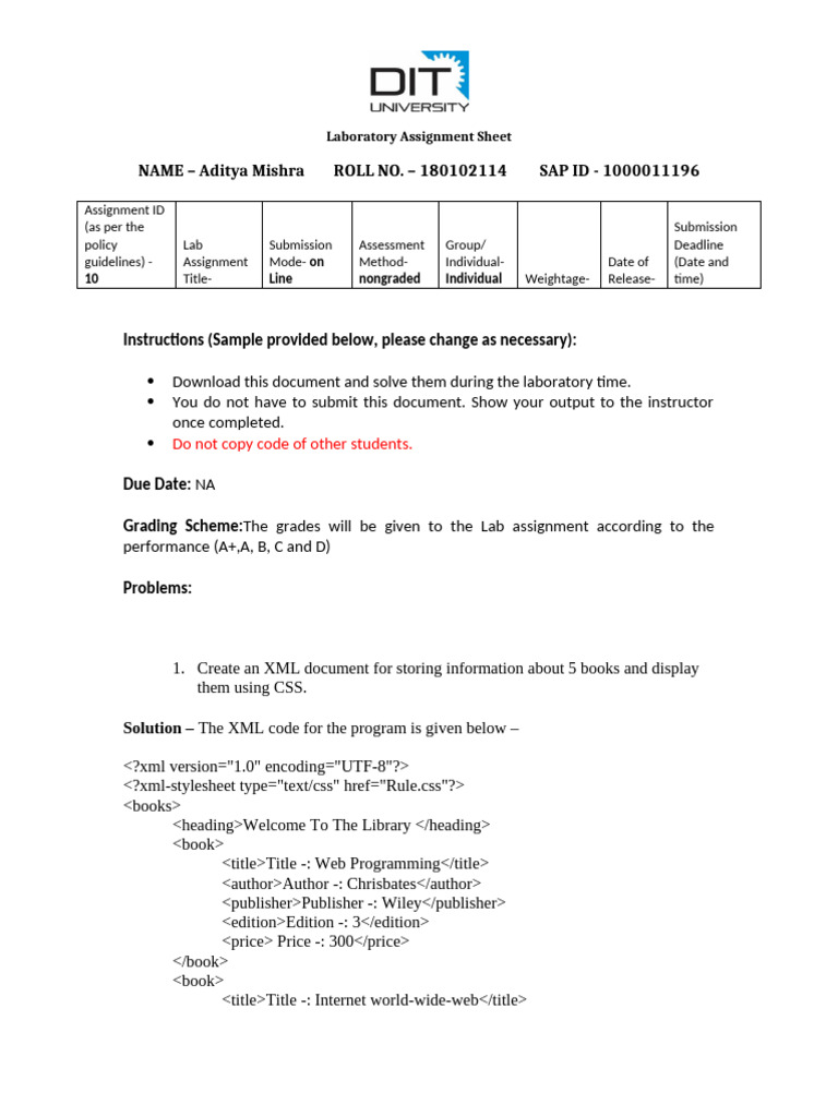XML Document Lab Assignment Guide | PDF | Software Engineering ...