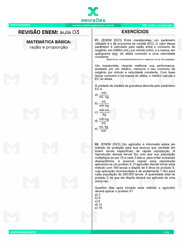 Exercícios de Razão e Proporção ENEM | PDF | Pneu | Agricultura