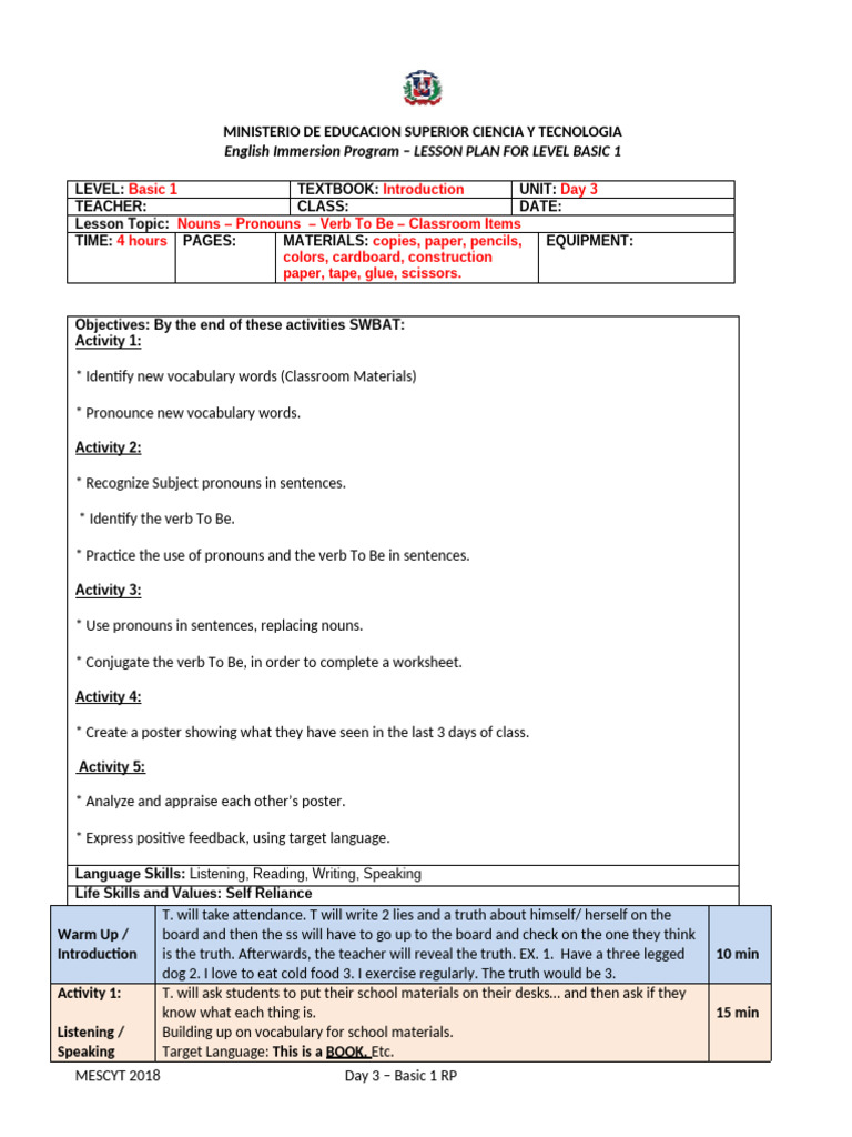 Basic 1 English Lesson Plan: Nouns & Pronouns | PDF | English Language ...