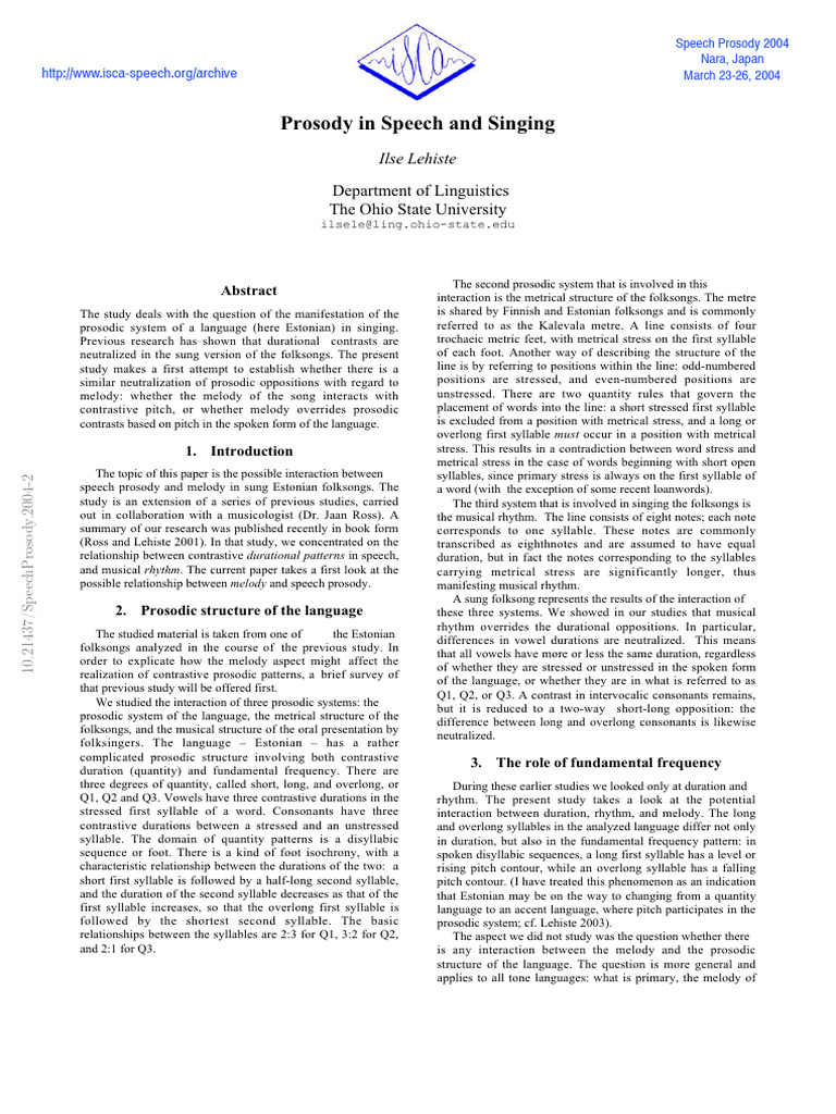 Prosody in Speech and Singing (Ilse Lehiste) | PDF | Stress ...