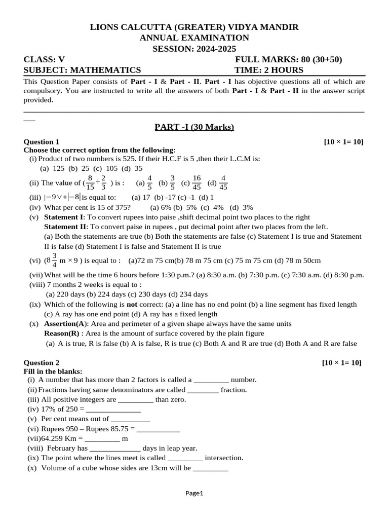Class 5 Math Final Exam Paper 2024-25 | PDF | Area | Volume