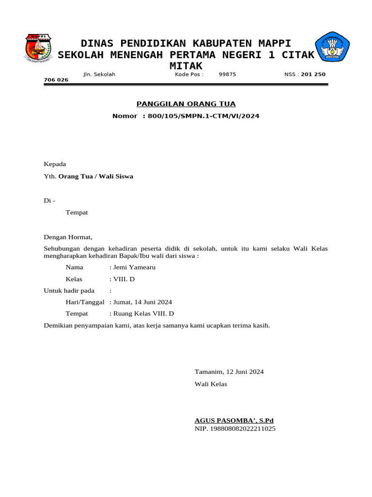 Surat Panggilan Orang Tua Siswa | PDF