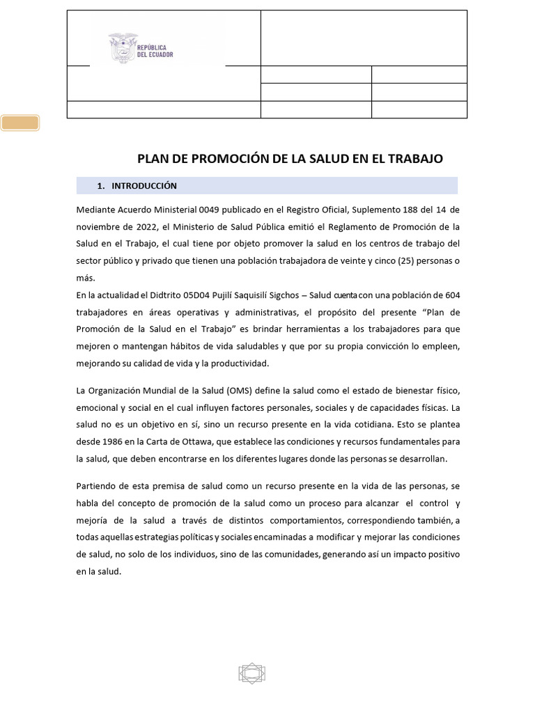 Plan de Salud Laboral en Pujilí 2024 | PDF | Seguridad y salud ...