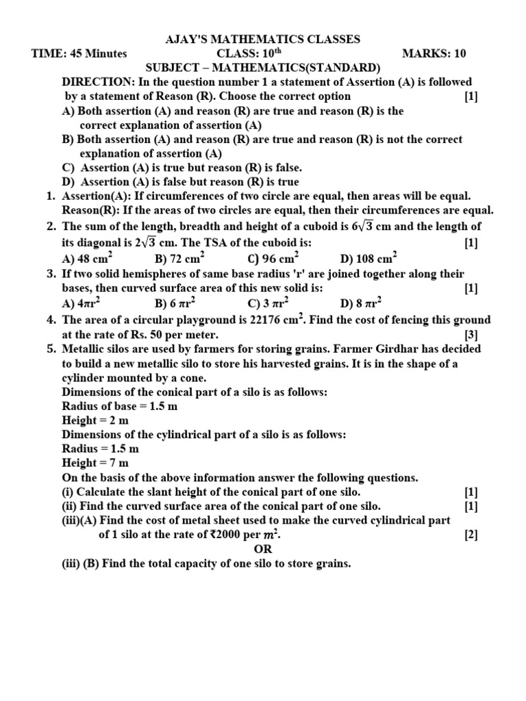10th Grade Math Class Questions | PDF | Elementary Geometry | Geometric ...