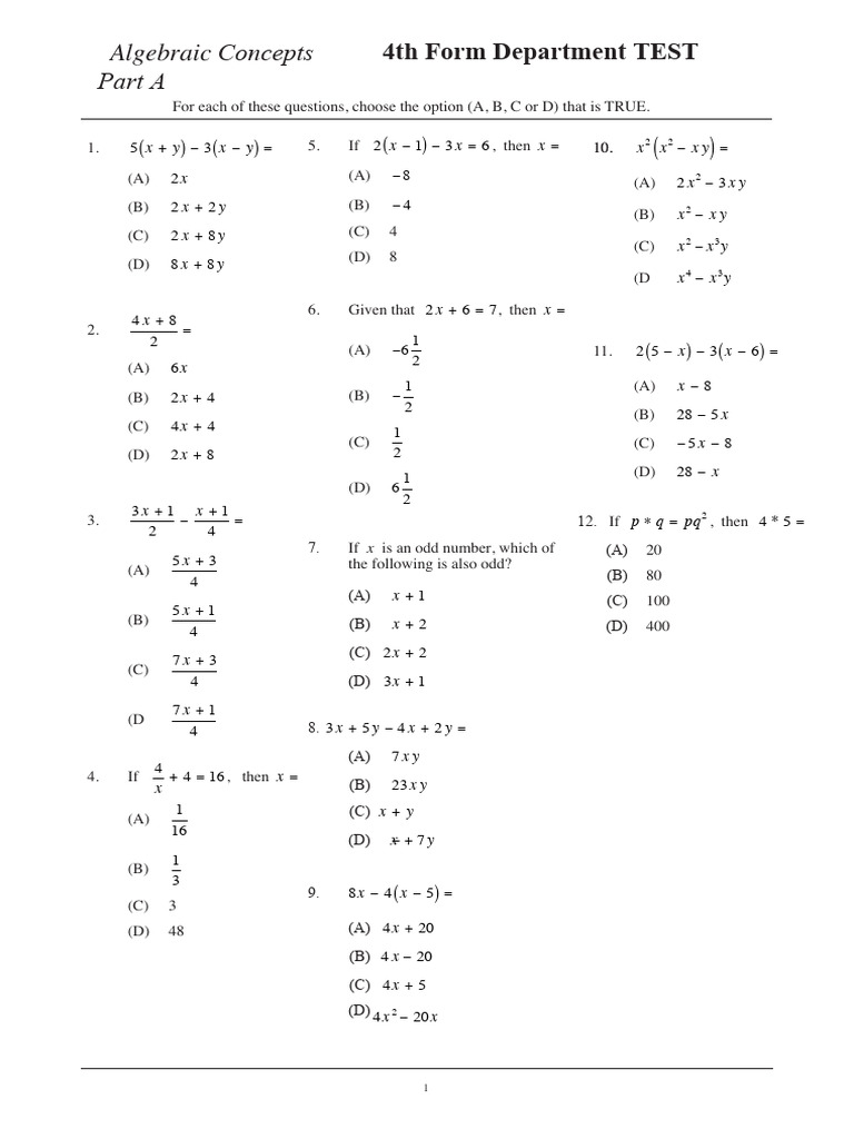 4th Form Department TEST Algebra MC | PDF | Mathematics | Algebra