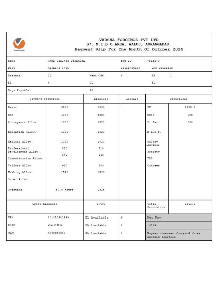 Salary Slip - Anna Pralhad Deshmukh - October 24 | PDF | Taxes ...