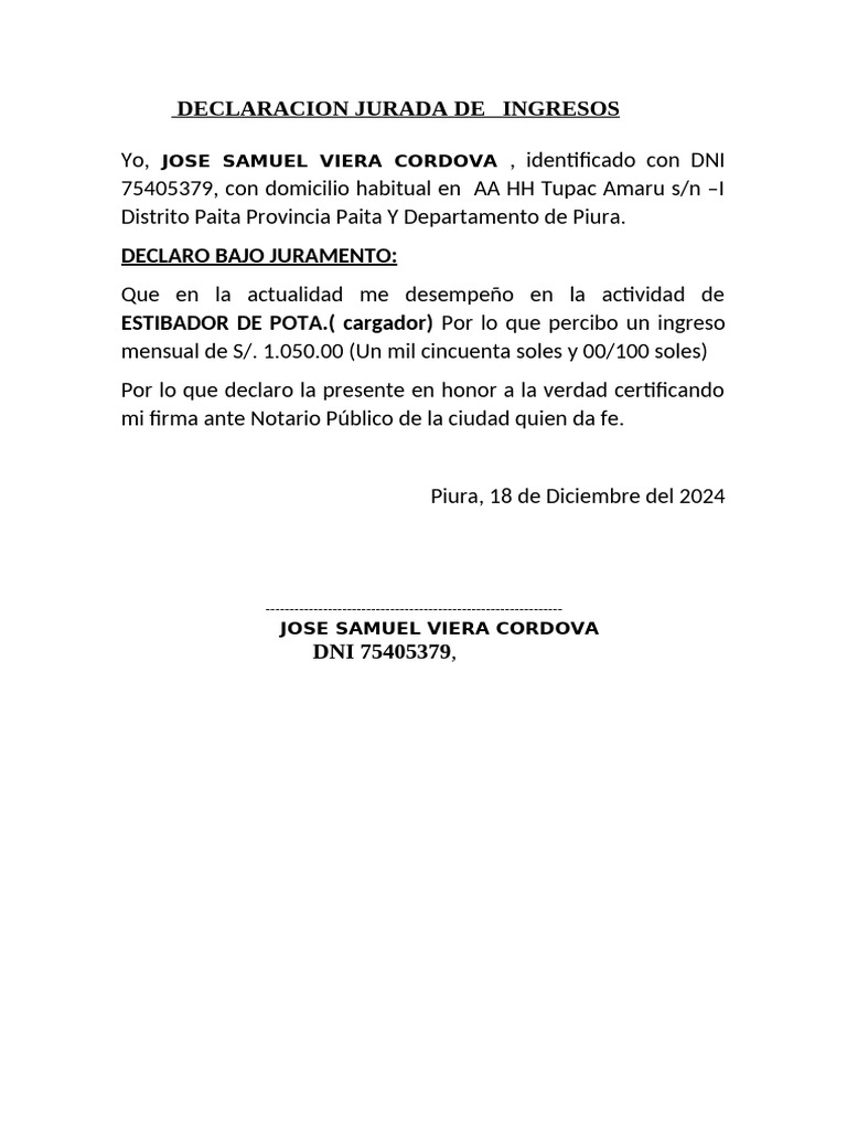 Declaracion Jurada de Ingresos | PDF