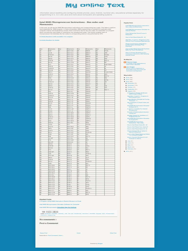 Intel 8085 Microprocessor Instructions - Hex Codes and Mnemonics | PDF ...