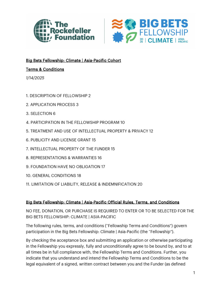 Rockefeller Big Bets Fellowship 2025 | PDF | Indemnity | Climate Change