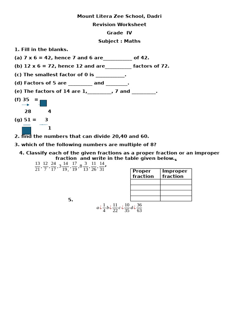 Grade 4 Maths Revision Worksheet | PDF