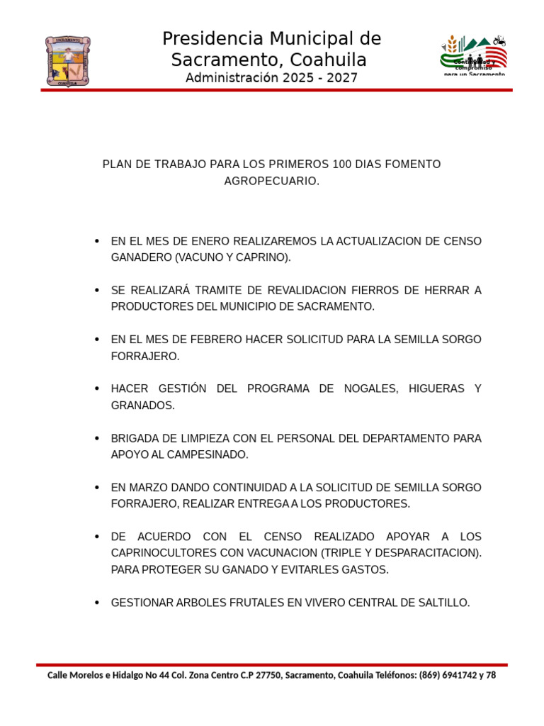 PLAN DE TRABAJO PARA LOS PRIMEROS 100 DIAS. | PDF