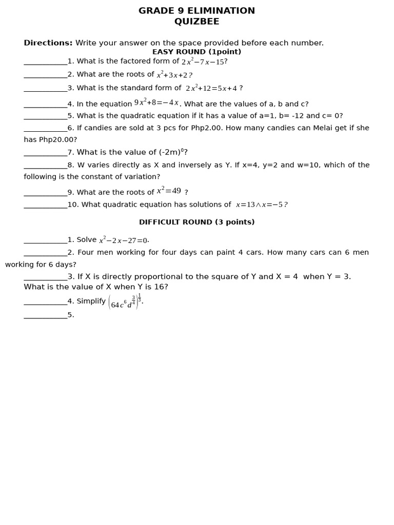 Grade 9 Quizbee: Math Problems & Solutions | PDF
