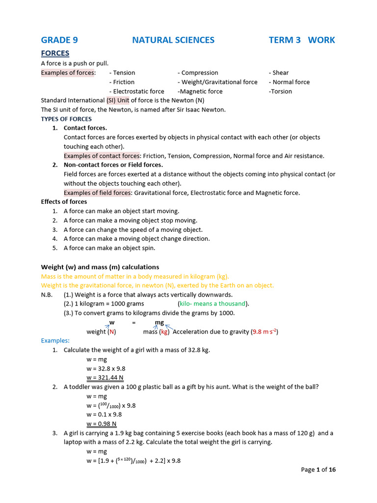 Grade 9 Natural Sciences Term 3 Work: Forces | PDF | Force | Series And ...