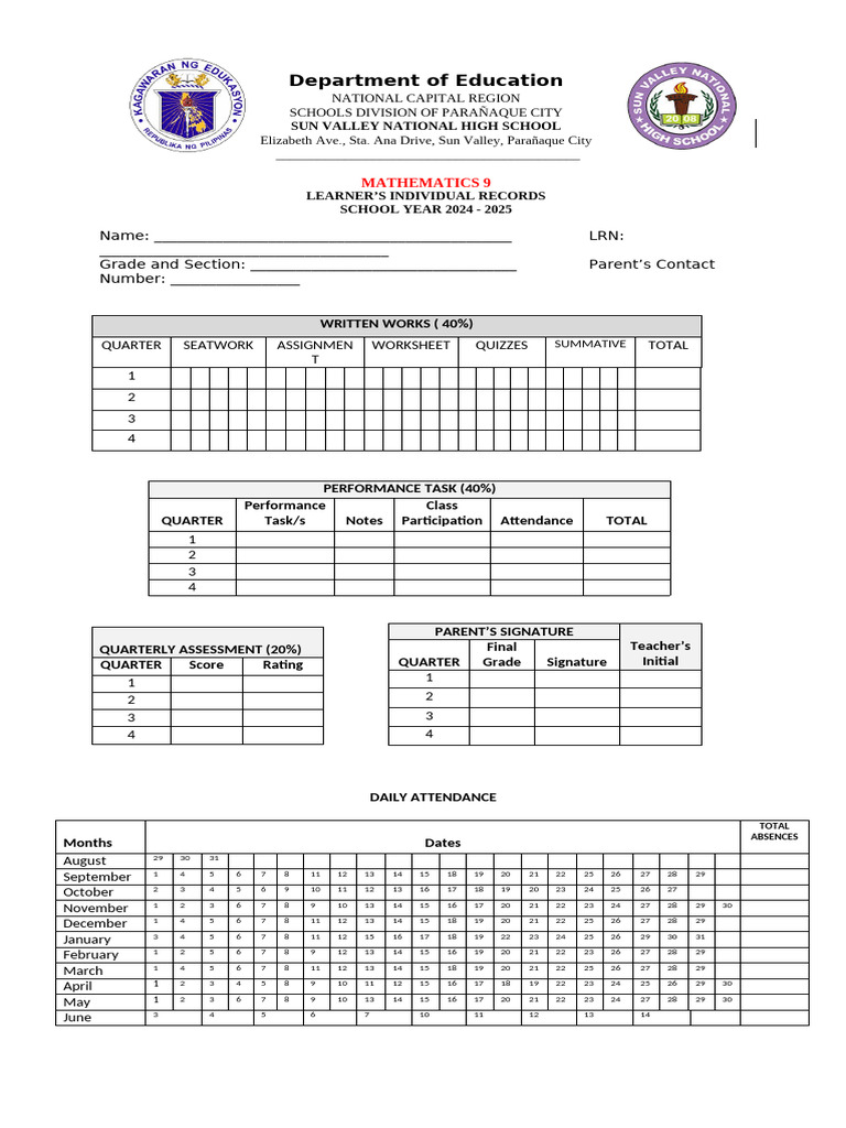 Math 9 Individual Records 2024-2025 | PDF | Education Theory ...