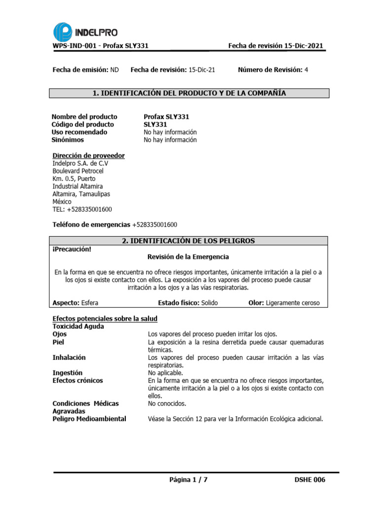 Ficha de Seguridad Profax SLY331 | PDF | Carbón | Química