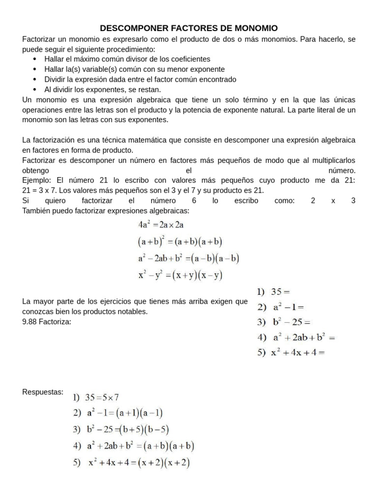 Descomponer Factores de Monomio y Polinomio | PDF | Factorización | Álgebra