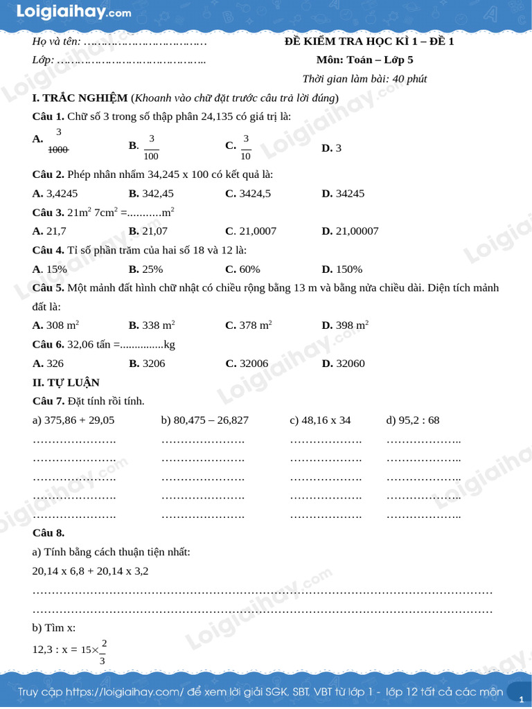 De Kiem Tra Hoc Ki 1 Toan 5 de So 1 1703821826 | PDF