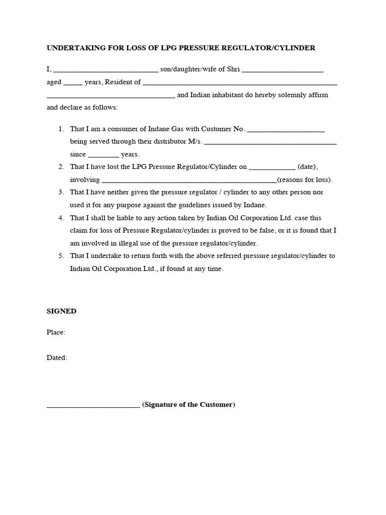 Indane Gas Regulator Loss Undertaking | PDF
