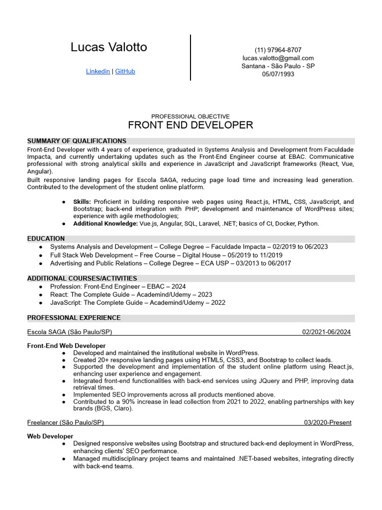 Front-End Developer Resume of Lucas Valotto | PDF | Bootstrap (Front ...