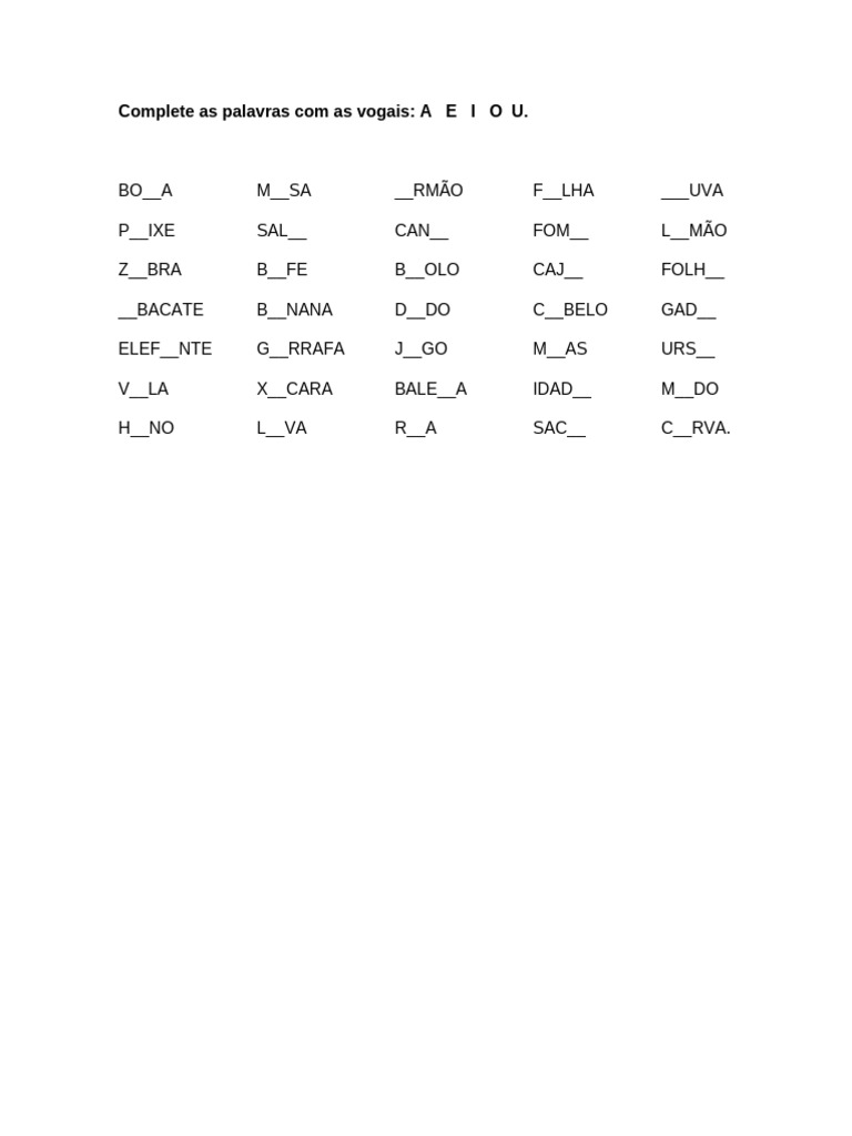 Complete Palavras com Vogais | PDF