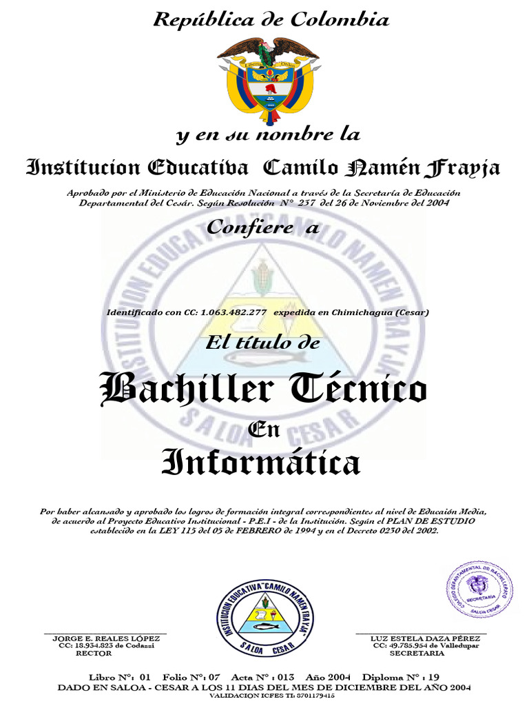 Diploma de Bachiller Técnico en Informática | PDF
