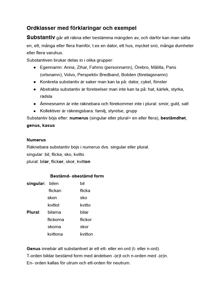 Ordklasser Med Förklaringar Och Exempel - Google Dokument | PDF