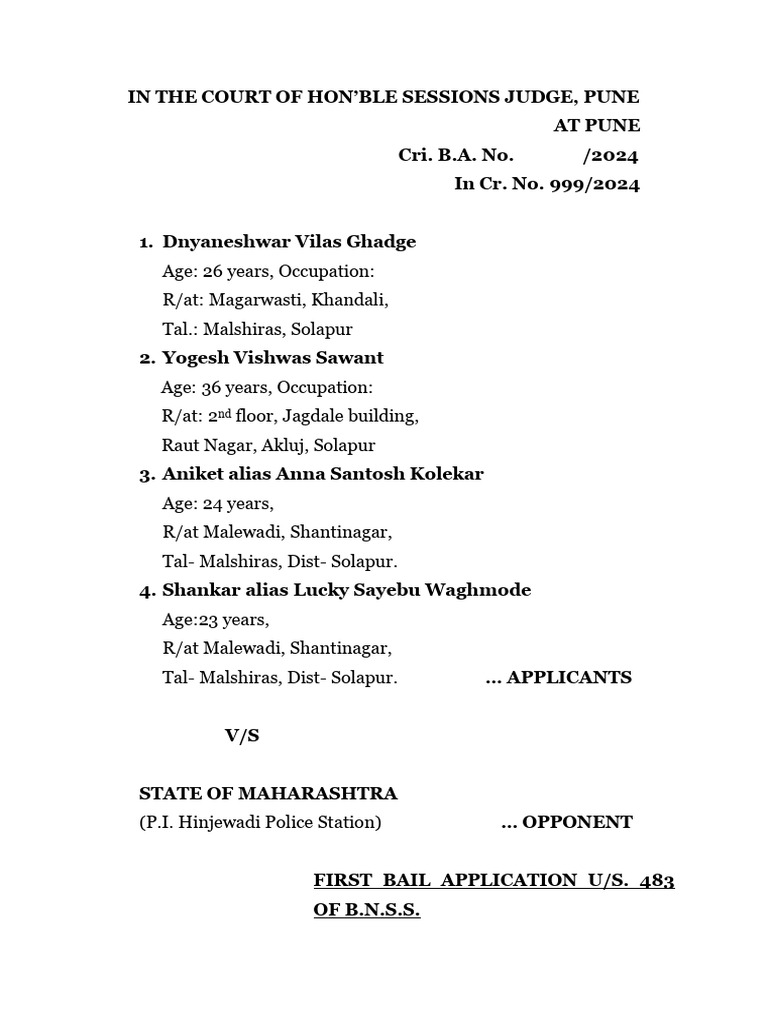 Bail Application for Pune Crime Case 999/2024 | PDF | Bail | Criminal ...
