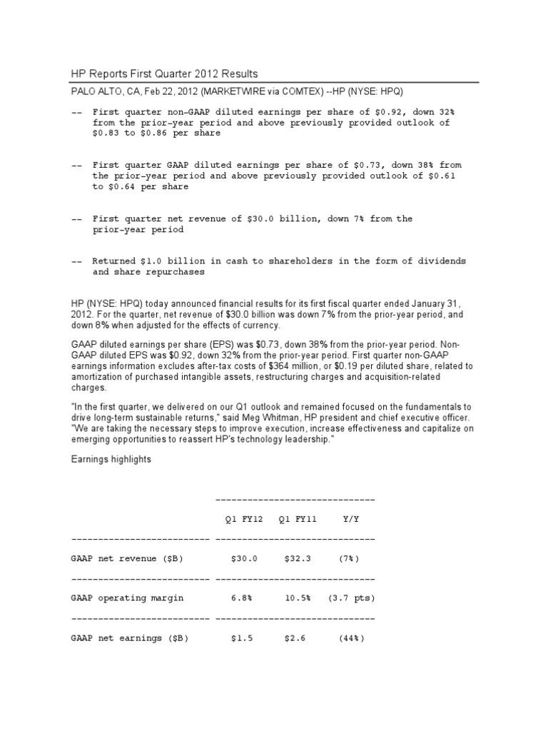 HP Reports First Quarter 2012 Results PDF Goodwill (Accounting