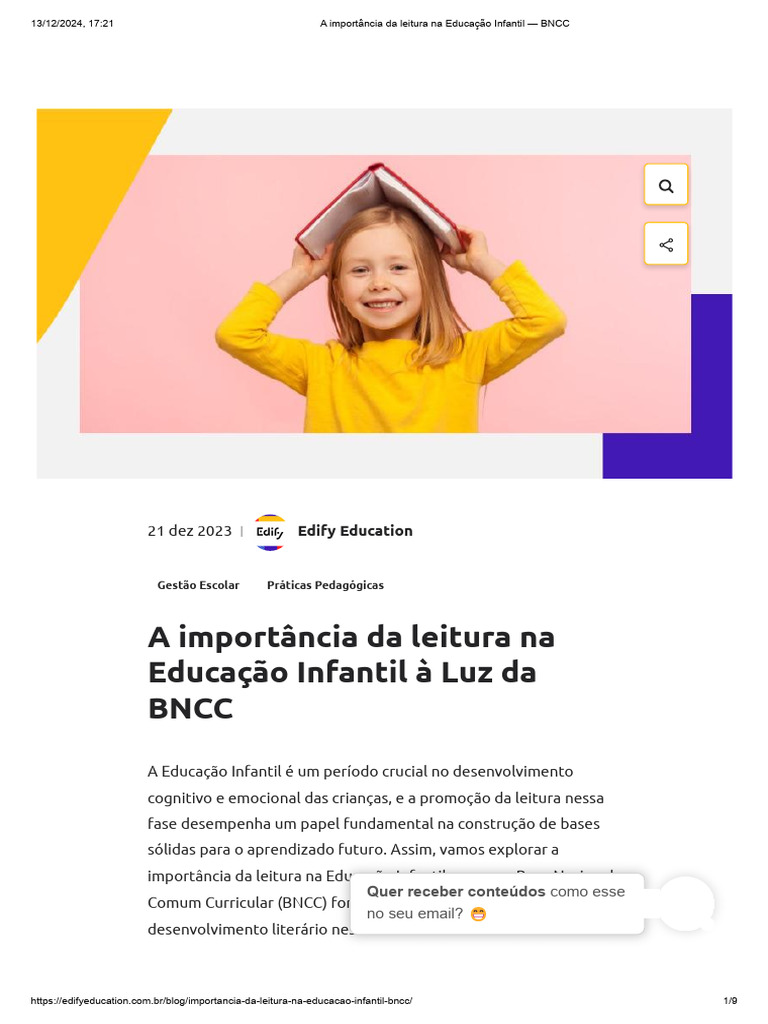 Leitura na Educação Infantil e a BNCC | PDF | Pré-escola | Narrativa