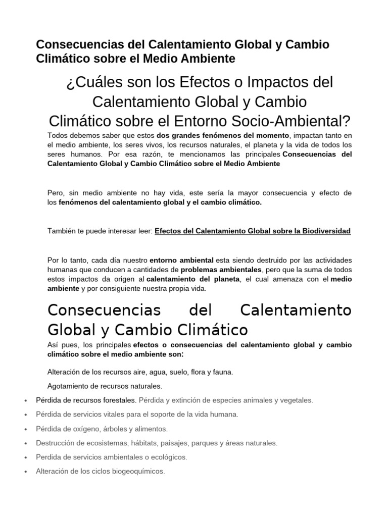 Impacto del Calentamiento Global en el Medio Ambiente | PDF | Entorno ...