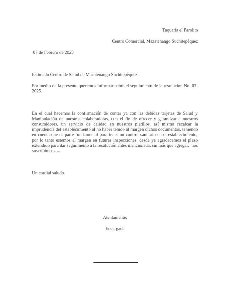 Cumplimiento Sanitario Taquería El Farolito | PDF