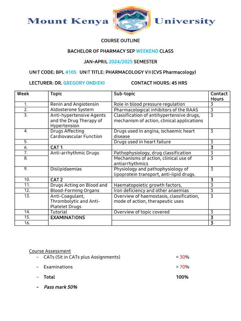 CVS COURSE OUTLINE | PDF | Cardiovascular System | Diseases And Disorders