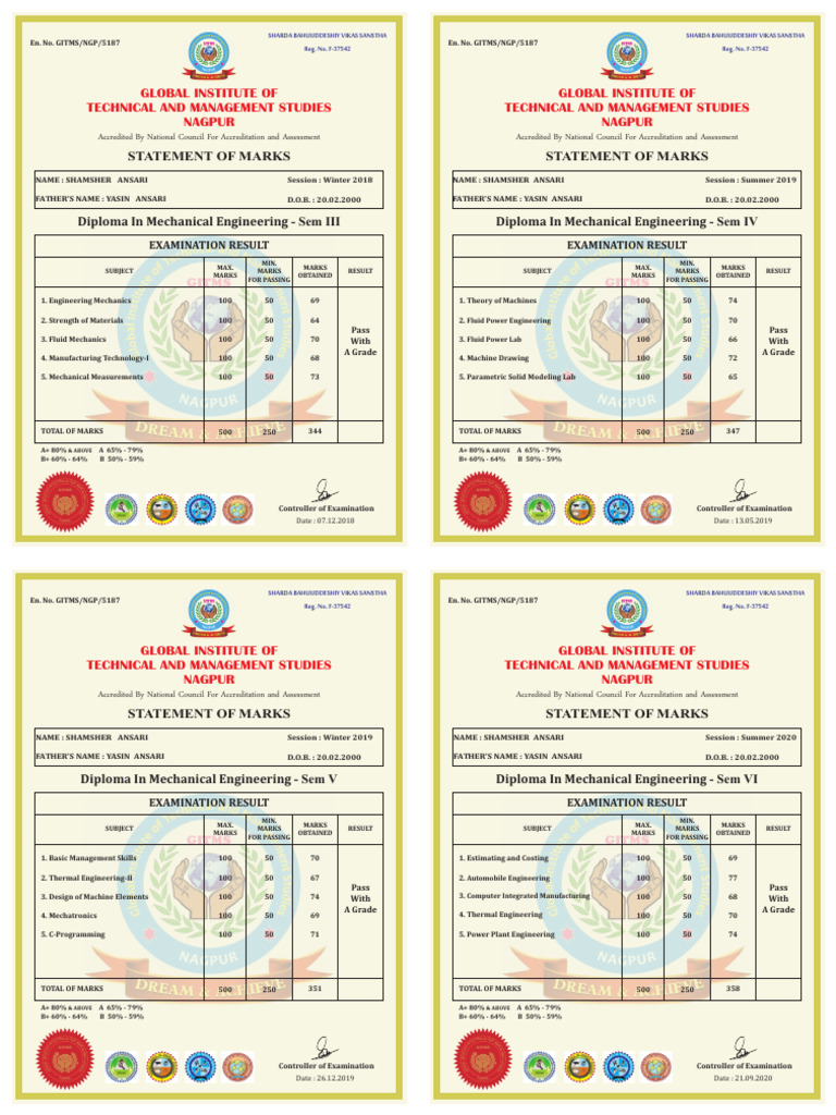 Diploma Mechanical Engineering Marks Sheet | PDF | Applied And ...