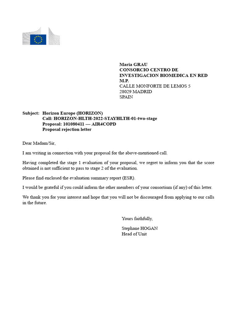 Horizon Europe Proposal Rejection Notice | PDF