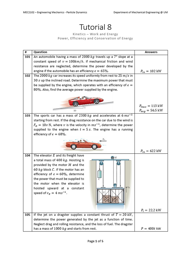 Tut 8 - Kinetics - Power Efficiency and Conservation of Energy | PDF ...