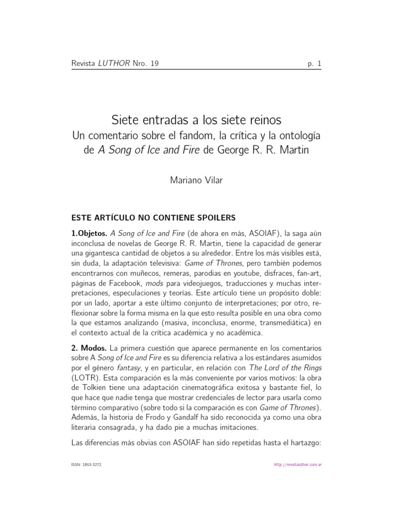 Análisis de A Song of Ice and Fire PDF Una