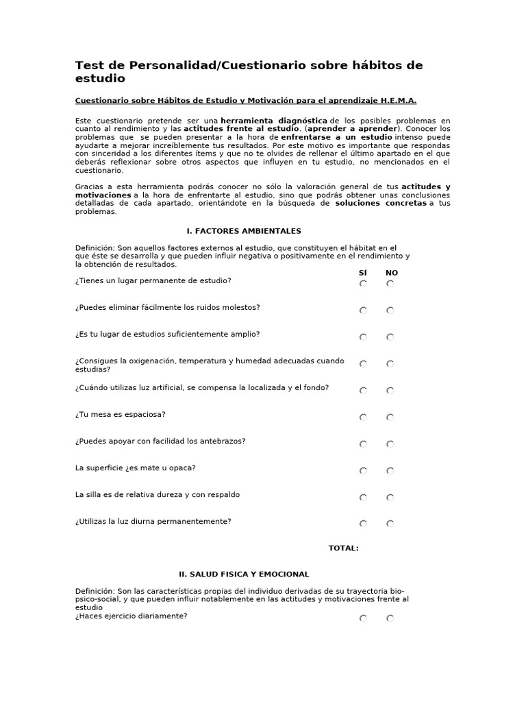 Cuestionario de Hábitos de Estudio y Motivación | PDF | Aprendizaje ...