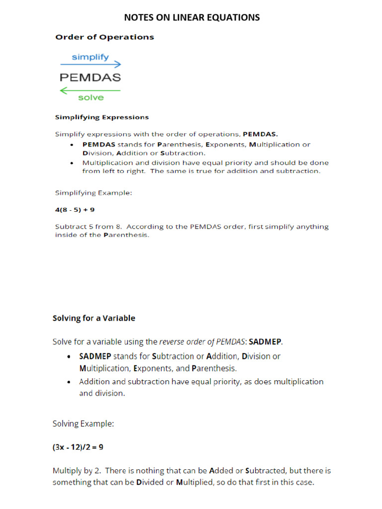 Notes On Solving Problems With Linear Equations | PDF