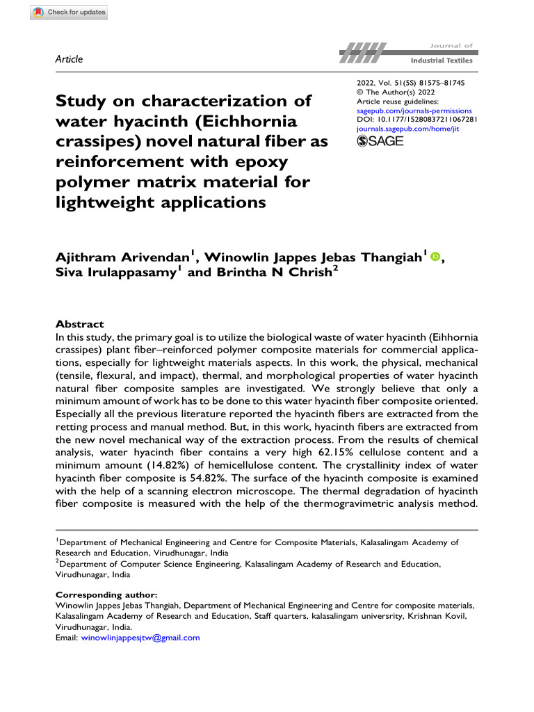 Arivendan Et Al 2022 Study On Characterization of Water Hyacinth ...