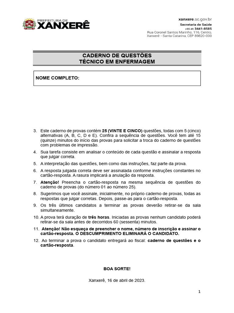 Prova de Técnico em Enfermagem: Questões e Instruções | PDF | Gripe ...